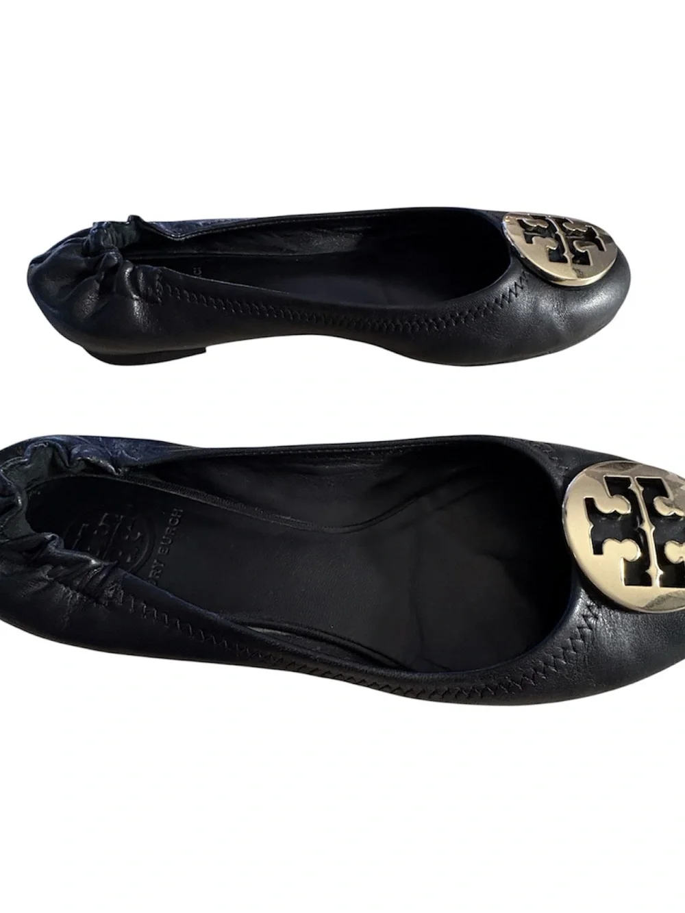 Tory Burch Black Leather Ballet Flats with Gold Logo Medallion